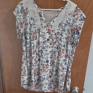 Daniel Rainn Floral Blouse with Crochet Detail - Blue, Red, White